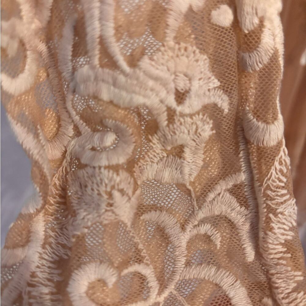 Nude Beige Floral Embroidered Mesh Lace Long Sleeve Maxi Dress | M | - Picture 6 of 10